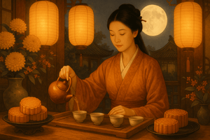 Chinese tea ceremony under mid-autumn festival